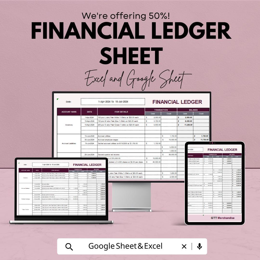 Financial Ledger Sheet | Excel & Google Sheets | Expense Tracker ...