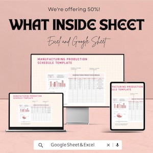 Op de afbeelding: Een promotieafbeelding voor een sjabloon voor een productieplanning. De afbeelding toont een laptop, een desktopmonitor en een tablet, die elk de sjabloon laten zien. Tekst bevat "WHAT INSIDE SHEET" en "Excel and Google Sheet". De achtergrond is roze.