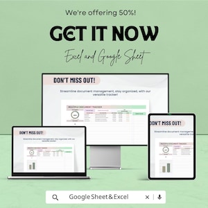 Op de afbeelding: Een advertentie voor Excel- en Google Sheet-documenttrackers. De afbeelding toont een laptop, een desktopmonitor en een tablet met een documenttracker. Tekst bevat "DON'T MISS OUT!" en "GET IT NOW". De achtergrond is lichtgroen.