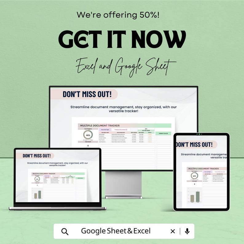 Op de afbeelding: Een advertentie voor Excel- en Google Sheet-documenttrackers. De afbeelding toont een laptop, een desktopmonitor en een tablet met een documenttracker. Tekst bevat "DON'T MISS OUT!" en "GET IT NOW". De achtergrond is lichtgroen.