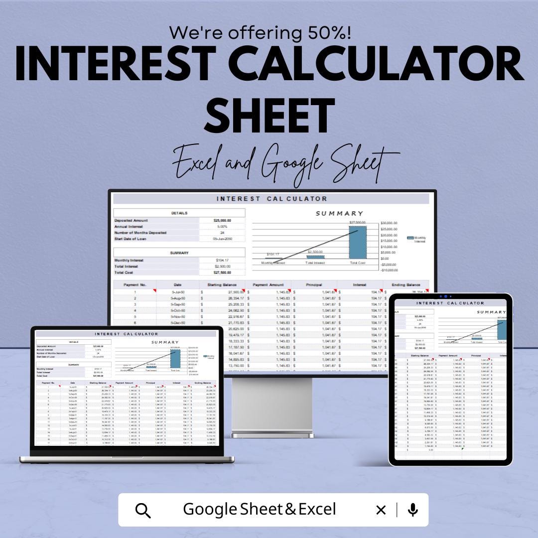 Interest Calculator Sheet | Excel and Google Sheet Template for ...