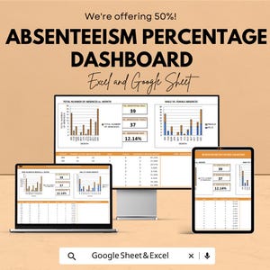 May include: An advertisement for an absenteeism percentage dashboard, displayed on a laptop, desktop monitor, and tablet. The dashboard shows data visualizations and the text "Excel and Google Sheet". The image includes the text "We're offering 50%!"