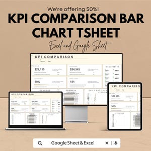 Può includere: Immagine promozionale che mostra un foglio di calcolo del grafico a barre di confronto KPI, visualizzato su un laptop, un monitor desktop e un tablet. Il testo include "We're offering 50%!" e "Excel and Google Sheet". Il grafico mostra dati finanziari.