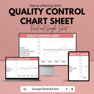 以下が含まれることがあります： 品質管理チャートシートのプロモーション画像で、50％オフのオファーがあります。「Quality Control Chart Sheet」と「Excel and Google Sheet」のテキストが含まれています。ラップトップ、モニター、タブレットが表示され、それぞれデータチャートが表示されています。