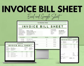 Invoice Bill Sheet for Small Business | Professional Invoice Template | Excel and Google Sheet | Customizable Billing Template