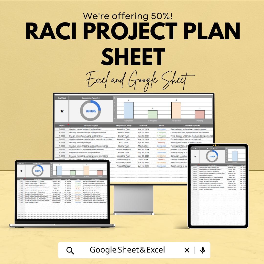 RACI Project Plan Sheet for Project Management | Excel and Google Sheet ...