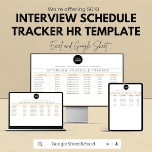 Könnte beinhalten: Eine HR-Vorlage für die Interviewplanung wird auf einem Computermonitor, Laptop und Tablet angezeigt. Der Text auf dem Bildschirm lautet "Interview Schedule Tracker". Das Bild enthält auch den Text "Excel and Google Sheet."