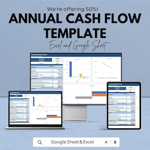 May include: A digital display of an annual cash flow template, viewable on a laptop, desktop monitor, and tablet. The text reads "We're offering 50%! ANNUAL CASH FLOW TEMPLATE Excel and Google Sheet."