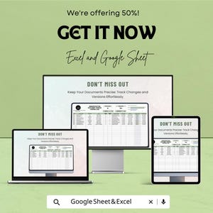 May include: An advertisement for Excel and Google Sheet software, displayed on a laptop, desktop monitor, and tablet. The text reads "We're offering 50%! GET IT NOW Excel and Google Sheet." The screens display spreadsheets.