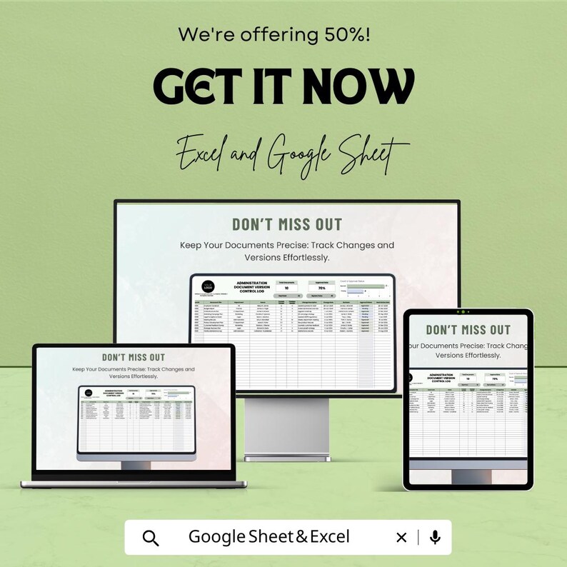 May include: An advertisement for Excel and Google Sheet software, displayed on a laptop, desktop monitor, and tablet. The text reads "We're offering 50%! GET IT NOW Excel and Google Sheet." The screens display spreadsheets.