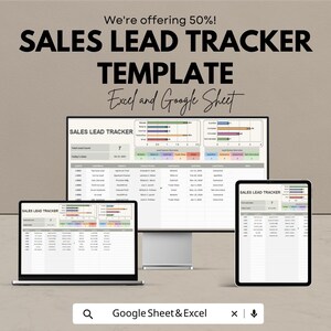 Puede incluir: Imagen promocional de una "SALES LEAD TRACKER TEMPLATE" para Excel y Google Sheet. La plantilla se muestra en un portátil, un monitor de escritorio y una tableta. También es visible el texto "We're offering 50%!"