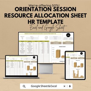 Könnte beinhalten: Eine digitale HR-Vorlage für die Ressourcenallokation, angezeigt auf einem Laptop, Desktop-Monitor und Tablet. Die Bildschirme zeigen eine Tabelle mit Daten und Diagrammen. Text enthält "Orientation Session Resource Allocation Sheet HR Template" und "Excel and Google Sheet".