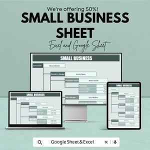 以下が含まれることがあります： ラップトップ、デスクトップモニター、タブレットに表示された中小企業シートの広告。テキストは「SMALL BUSINESS SHEET Excel and Google Sheet」と表示されています。背景は明るいティール色です。