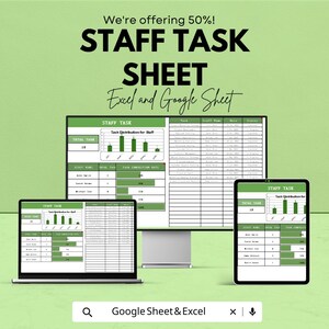 May include: An advertisement for a staff task sheet, displayed on a laptop, desktop monitor, and tablet. The text reads "STAFF TASK SHEET Excel and Google Sheet" with a 50% off offer. The screens show charts and data tables.