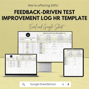 May include: An advertisement for a Feedback-Driven Test Improvement Log HR Template, available in Excel and Google Sheet formats. The image shows a laptop, desktop monitor, and tablet displaying the template. The text includes "We're offering 50%!"