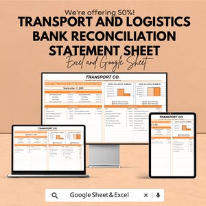 Transport and Logistics Bank Reconciliation Statement | Excel and Google Sheet Template | Financial Tracker | Digital Download