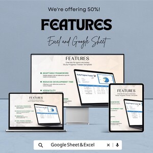Peut inclure: Publicit&eacute; pour un mod&egrave;le de suivi des progr&egrave;s d'&eacute;tude Excel et Google Sheet. L'image montre un ordinateur de bureau, un ordinateur portable et une tablette affichant le mod&egrave;le. Le texte comprend "FEATURES" et "We're offering 50%!"