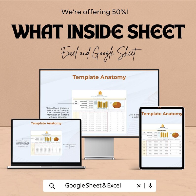 Pu&ograve; includere: Annuncio pubblicitario per un modello di foglio di calcolo, visualizzato su un laptop, un monitor desktop e un tablet. Il testo recita "WHAT INSIDE SHEET" e "Excel and Google Sheet". L'anatomia del modello &egrave; mostrata con grafici e dati.