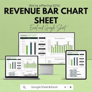 Könnte beinhalten: Ein Bild, das Umsatzdiagramm-Tabellen auf einem Laptop, einem Desktop-Monitor und einem Tablet zeigt. Der Text lautet "REVENUE BAR CHART SHEET Excel and Google Sheet". Die Diagramme zeigen grüne und blaue Balken mit Finanzdaten.