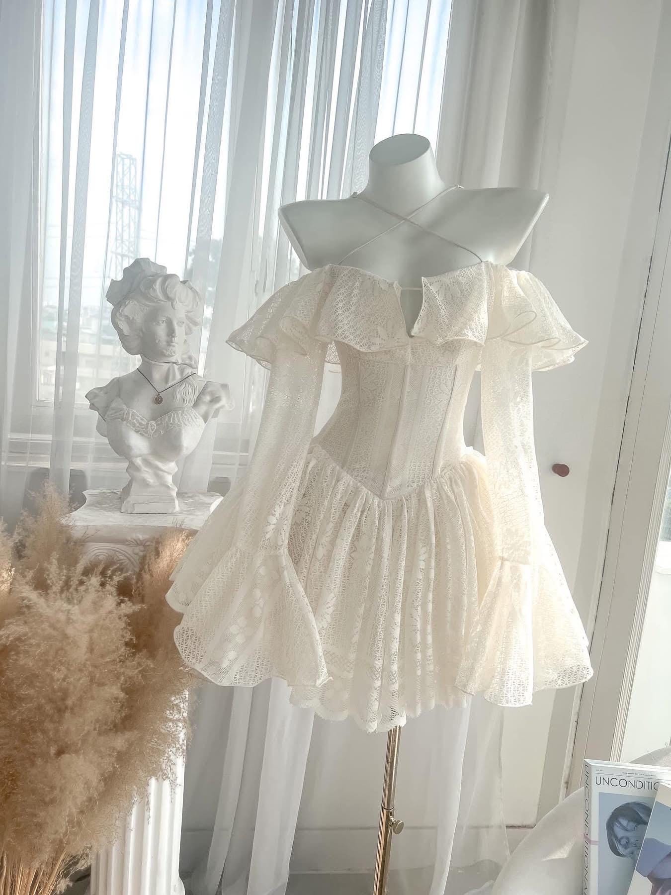 corset dress white lace Rococo Ivory | Opulent Lace Dress Satin Corset Dress in size:XL/UK16 Meet The Romanza Dress strapless gown