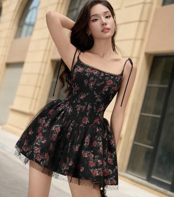 Romantic Floral Corset Dress  Dark Vintage Rose Mini Dress With Tulle  Overlay - Etsy