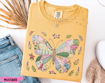 Comfort Colors® Synthetic Patchwork Butterfly Shirt, Spring Butterfly Shirt, Easter Shirts for Women, Spring Floral Patchwork, Gifts for Her