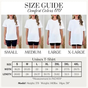 May include: Size guide for a unisex t-shirt, Comfort Colors 1717. The guide shows models wearing white t-shirts in sizes small, medium, large, and x-large. Measurements are provided in inches for width and length, ranging from 46.36 cm to 75.57 cm wide and 67.62 cm to 85.09 cm long.