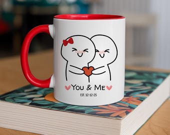 Taza de café personalizada para pareja, diseño kawaii "Tú y yo", taza con fecha personalizada, regalo de aniversario de compromiso de boda para él y para ella