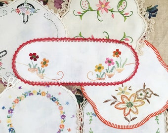 6 Vintage Doilies with Hand Embroidery.