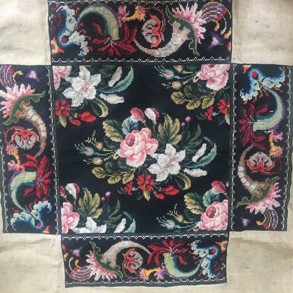 Striking Berlin Woolwork. Antique Needlework. Floral Design. 19th Century.