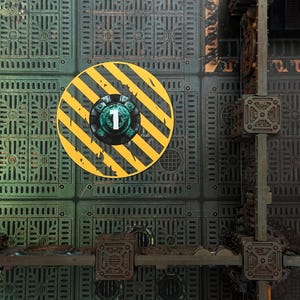 Könnte beinhalten: Eine detaillierte Draufsicht auf ein futuristisches, industriell gestaltetes Spielbrett. Das Brett zeigt ein sich wiederholendes Muster aus grünen Metallplatten mit einem kreisförmigen gelben Gefahrenschild mit schwarzen Streifen und der Zahl "1".