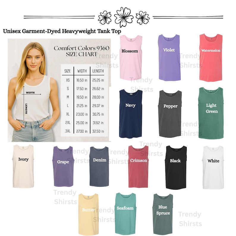 Puede incluir: Una selecci&oacute;n de camisetas sin mangas unisex de tejido pesado te&ntilde;idas con tintes de prenda, en varios colores, incluyendo rosa, morado y azul marino. La imagen tambi&eacute;n presenta una tabla de tallas con medidas en cm, de XS a 3XL.