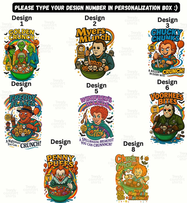 Start your spooky season with a killer crunch! 🎃 This Horror Cereal Halloween Shirt mashes up your favorite scary movie icons with classic breakfast cereal box art. Featuring creepy characters like Chucky, Freddy Krueger, Pennywise, Michael Myers, zombies, and more — this funny and nostalgic design is perfect for Halloween parties, horror fans, or anyone who loves a little spooky fun. Ideal for group costumes or themed October outings!