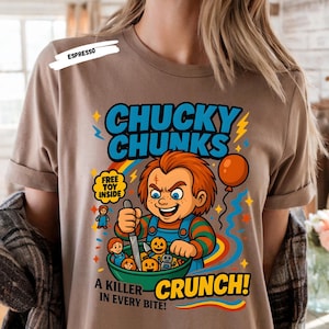 Start your spooky season with a killer crunch! 🎃 This Horror Cereal Halloween Shirt mashes up your favorite scary movie icons with classic breakfast cereal box art. Featuring creepy characters like Chucky, Freddy Krueger, Pennywise, Michael Myers, zombies, and more — this funny and nostalgic design is perfect for Halloween parties, horror fans, or anyone who loves a little spooky fun. Ideal for group costumes or themed October outings!