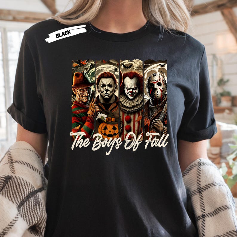 Get ready for spooky season with this “The Boys of Fall” horror movie shirt featuring four of the most iconic scary movie villains — Freddy Krueger, Michael Myers, Pennywise, and Jason Voorhees 🔪🎈. Perfect for horror fans, this graphic tee combines creepy Halloween vibes with fall colors, making it a must-have for scary movie marathons, haunted houses, and October nights. Soft, comfortable, and ideal for any horror lover’s fall wardrobe.