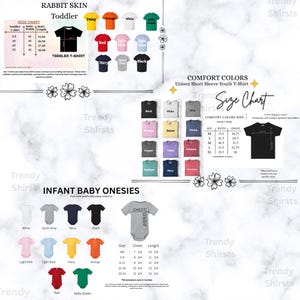 Puede incluir: Un cat&aacute;logo de productos con varias camisetas y bodies en m&uacute;ltiples colores. El cat&aacute;logo incluye tablas de tallas para camisetas de ni&ntilde;o peque&ntilde;o, camisetas juveniles y bodies para beb&eacute;s. Las camisetas est&aacute;n disponibles en tallas XS a XL, con un ancho de 34,3 a 49,5 cm y un largo de 47,6 a 50,8 cm.