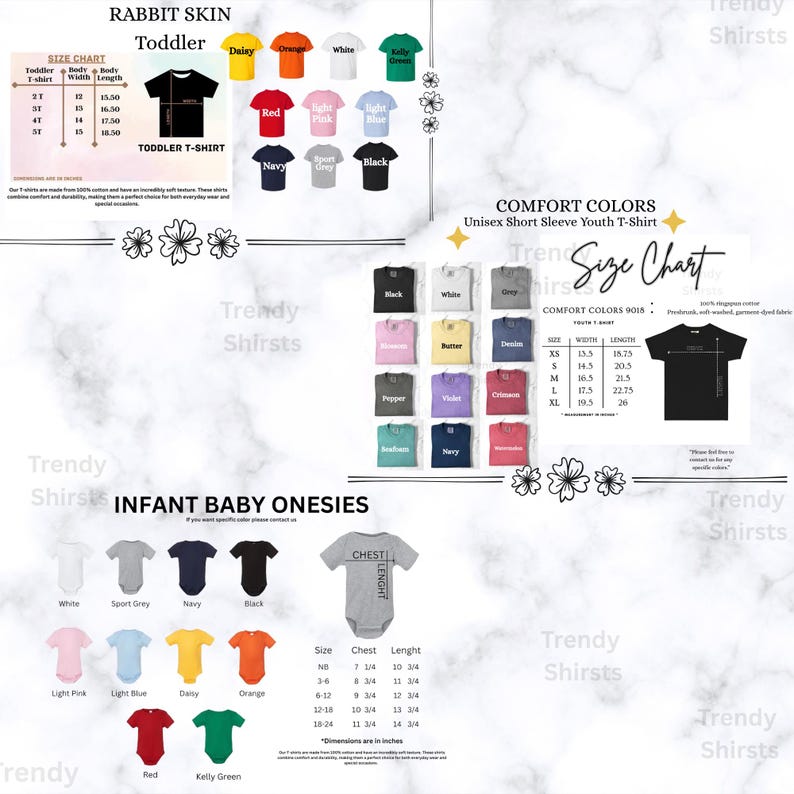 Puede incluir: Un cat&aacute;logo de productos con varias camisetas y bodies en m&uacute;ltiples colores. El cat&aacute;logo incluye tablas de tallas para camisetas de ni&ntilde;o peque&ntilde;o, camisetas juveniles y bodies para beb&eacute;s. Las camisetas est&aacute;n disponibles en tallas XS a XL, con un ancho de 34,3 a 49,5 cm y un largo de 47,6 a 50,8 cm.