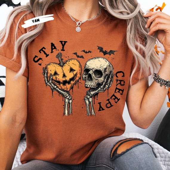 Stay Creepy Halloween Shirt: Skull & Pumpkin Heart - Comfort Colors