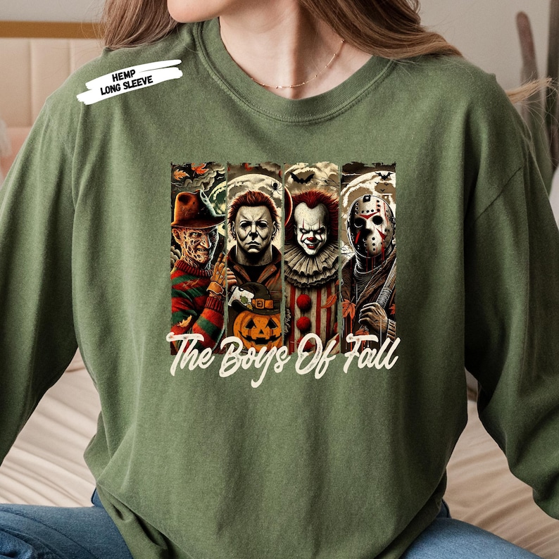 Get ready for spooky season with this “The Boys of Fall” horror movie shirt featuring four of the most iconic scary movie villains — Freddy Krueger, Michael Myers, Pennywise, and Jason Voorhees 🔪🎈. Perfect for horror fans, this graphic tee combines creepy Halloween vibes with fall colors, making it a must-have for scary movie marathons, haunted houses, and October nights. Soft, comfortable, and ideal for any horror lover’s fall wardrobe.