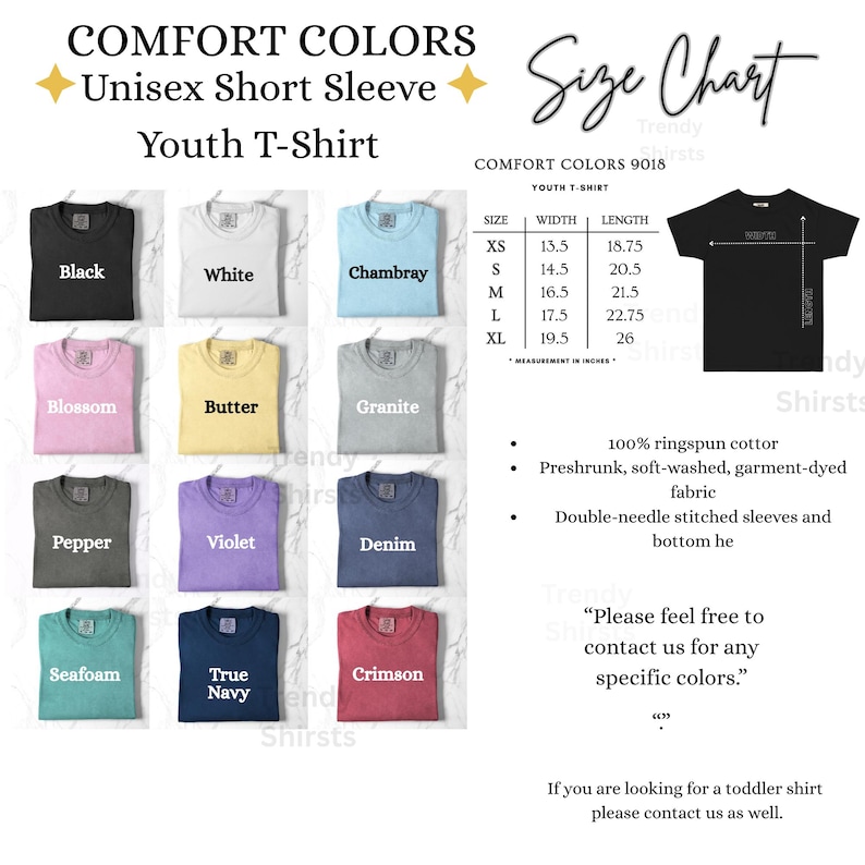May include: A display of Comfort Colors youth t-shirts in various colors, including black, white, chambray, blossom, butter, granite, pepper, violet, denim, seafoam, true navy, and crimson. The image also includes a size chart and fabric details.