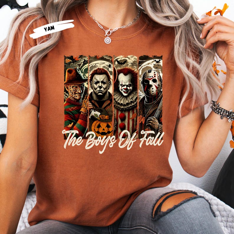 Get ready for spooky season with this “The Boys of Fall” horror movie shirt featuring four of the most iconic scary movie villains — Freddy Krueger, Michael Myers, Pennywise, and Jason Voorhees 🔪🎈. Perfect for horror fans, this graphic tee combines creepy Halloween vibes with fall colors, making it a must-have for scary movie marathons, haunted houses, and October nights. Soft, comfortable, and ideal for any horror lover’s fall wardrobe.