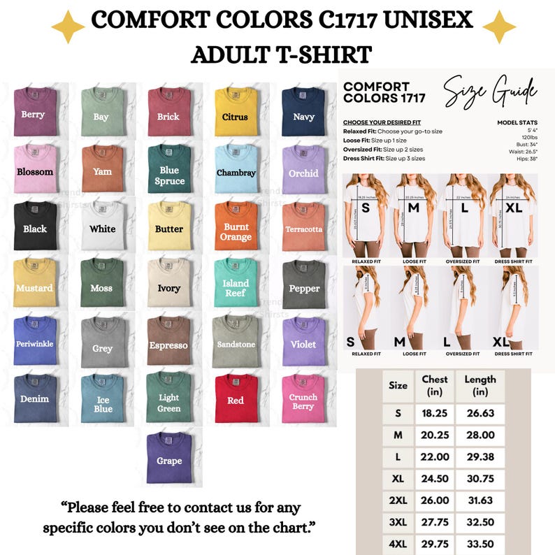 May include: A chart displaying a variety of Comfort Colors C1717 unisex adult t-shirts in various colors, including Berry, Navy, and Red. The image also includes a size guide with chest and length measurements in inches, and model stats.