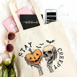 Stay Creepy skull cANVAS Tote bag for halloween trick and treat season.