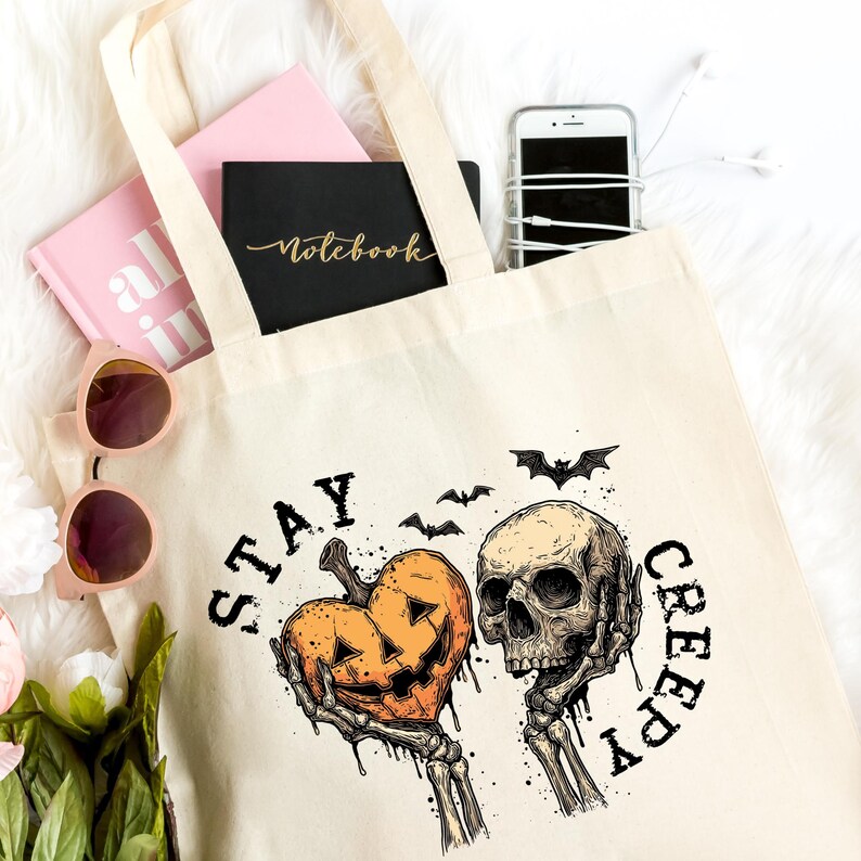 Stay Creepy skull cANVAS Tote bag for halloween trick and treat season.