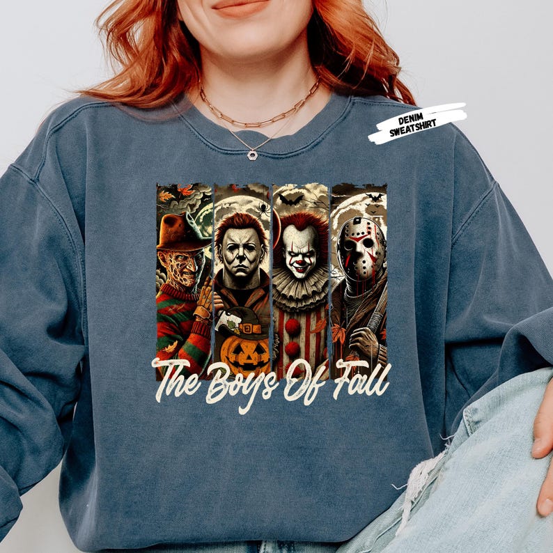 Get ready for spooky season with this “The Boys of Fall” horror movie shirt featuring four of the most iconic scary movie villains — Freddy Krueger, Michael Myers, Pennywise, and Jason Voorhees 🔪🎈. Perfect for horror fans, this graphic tee combines creepy Halloween vibes with fall colors, making it a must-have for scary movie marathons, haunted houses, and October nights. Soft, comfortable, and ideal for any horror lover’s fall wardrobe.