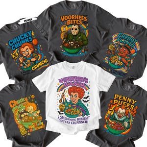 Start your spooky season with a killer crunch! 🎃 This Horror Cereal Halloween Shirt mashes up your favorite scary movie icons with classic breakfast cereal box art. Featuring creepy characters like Chucky, Freddy Krueger, Pennywise, Michael Myers, zombies, and more — this funny and nostalgic design is perfect for Halloween parties, horror fans, or anyone who loves a little spooky fun. Ideal for group costumes or themed October outings!