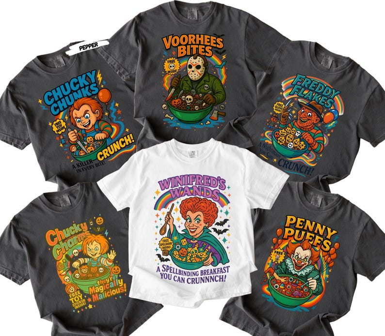 Start your spooky season with a killer crunch! 🎃 This Horror Cereal Halloween Shirt mashes up your favorite scary movie icons with classic breakfast cereal box art. Featuring creepy characters like Chucky, Freddy Krueger, Pennywise, Michael Myers, zombies, and more — this funny and nostalgic design is perfect for Halloween parties, horror fans, or anyone who loves a little spooky fun. Ideal for group costumes or themed October outings!