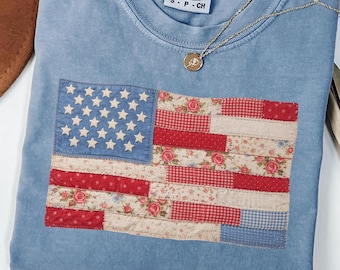 Comfort Colors 4th of July Shirt Retro American Flag Tee Faux Patchwork USA Shirt Patriotic Graphic Tee Red White Blue Vintage USA Shirt