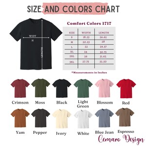 May include: A black t-shirt with size and color chart. The chart shows measurements in inches for sizes S to 3XL. Below are examples of t-shirt colors: Crimson, Moss, Black, Light Green, Blossom, Red, Yam, Pepper, Ivory, White, Blue Jean, and Espresso.
