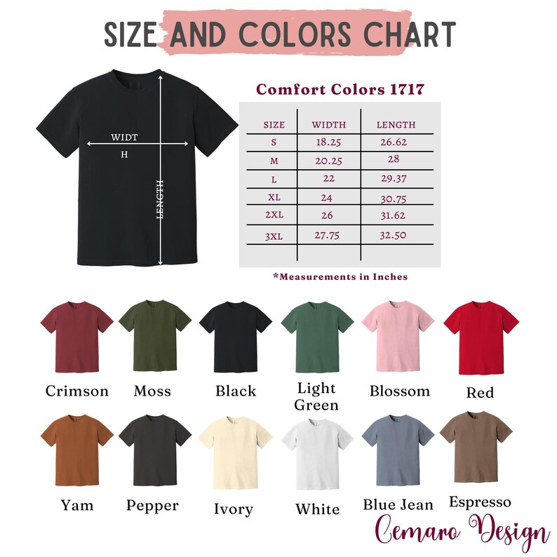 May include: A black t-shirt with size and color chart. The chart shows measurements in inches for sizes S to 3XL. Below are examples of t-shirt colors: Crimson, Moss, Black, Light Green, Blossom, Red, Yam, Pepper, Ivory, White, Blue Jean, and Espresso.